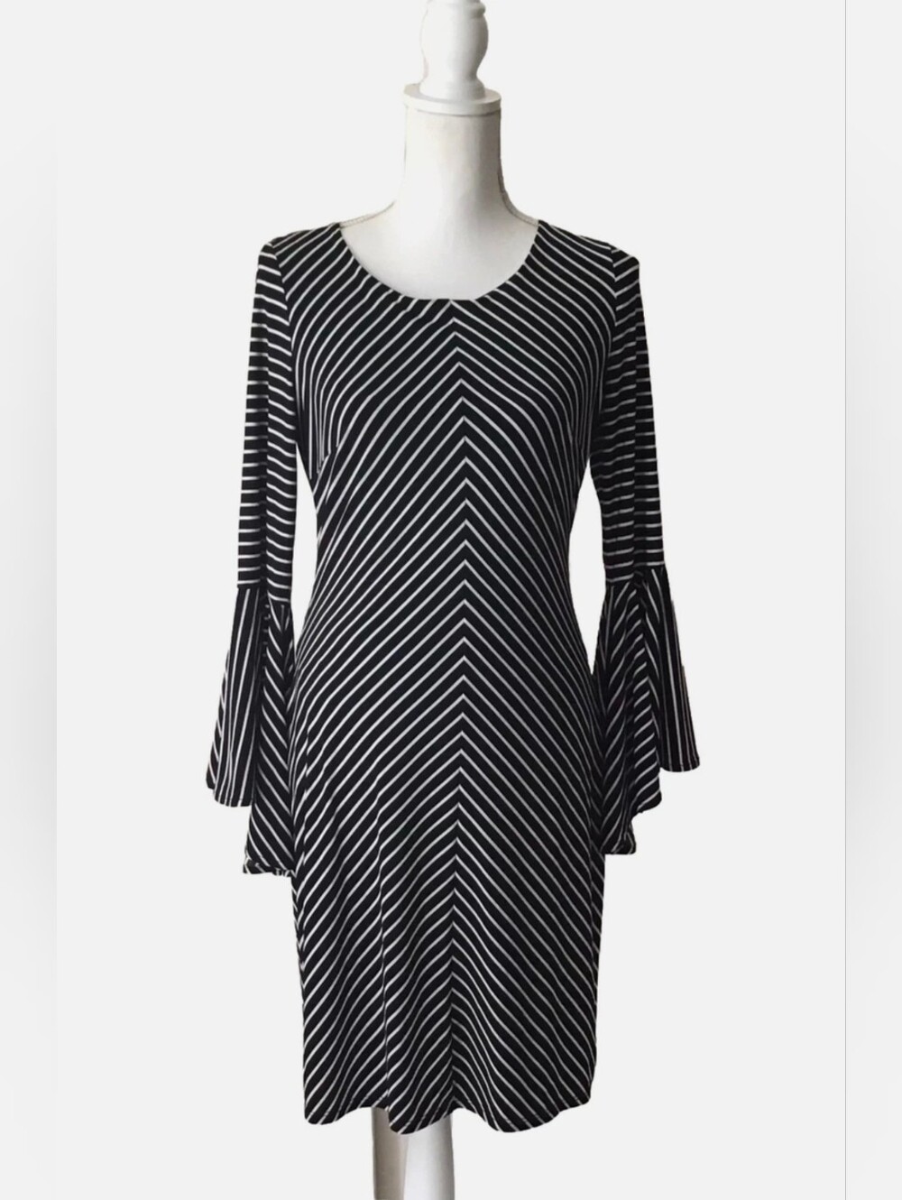 INC International Concepts Black and White Striped Bell-Sleeve Dress